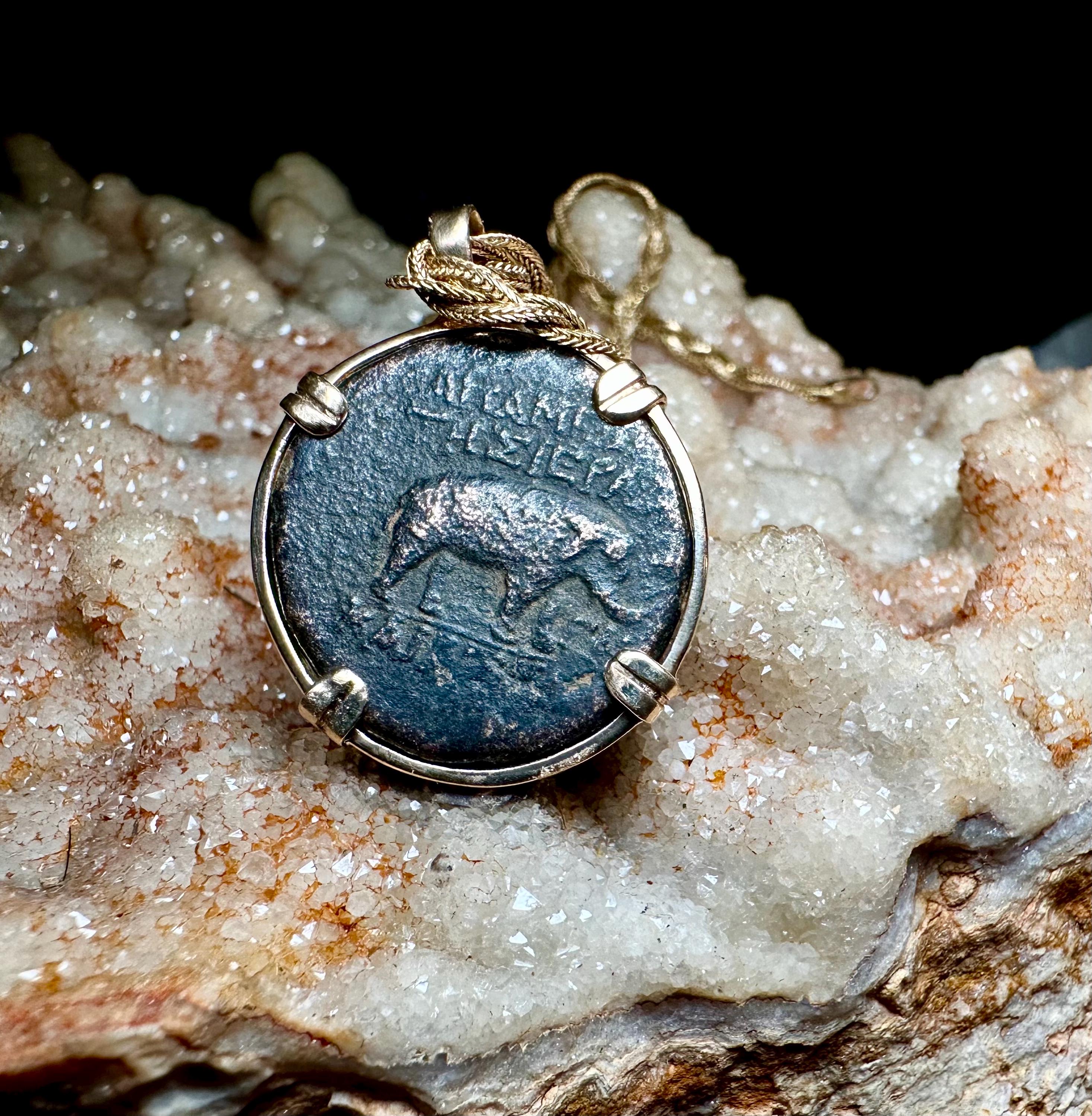 Genuine Ancient Greek Zeus and Elephant coin in 14k yellow gold filled pendant