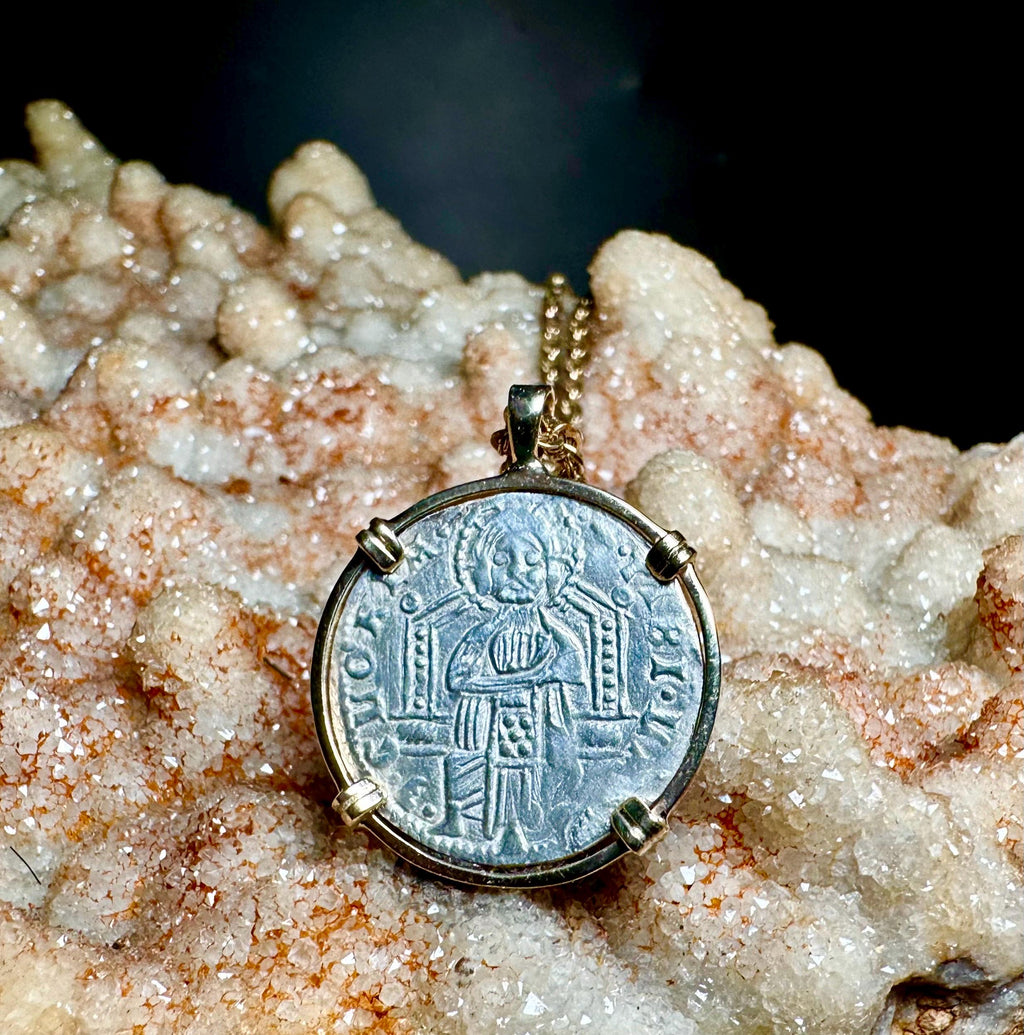 Genuine 14th Cent Jesus Christ and St Mark Coin in hand made solid gold pendant