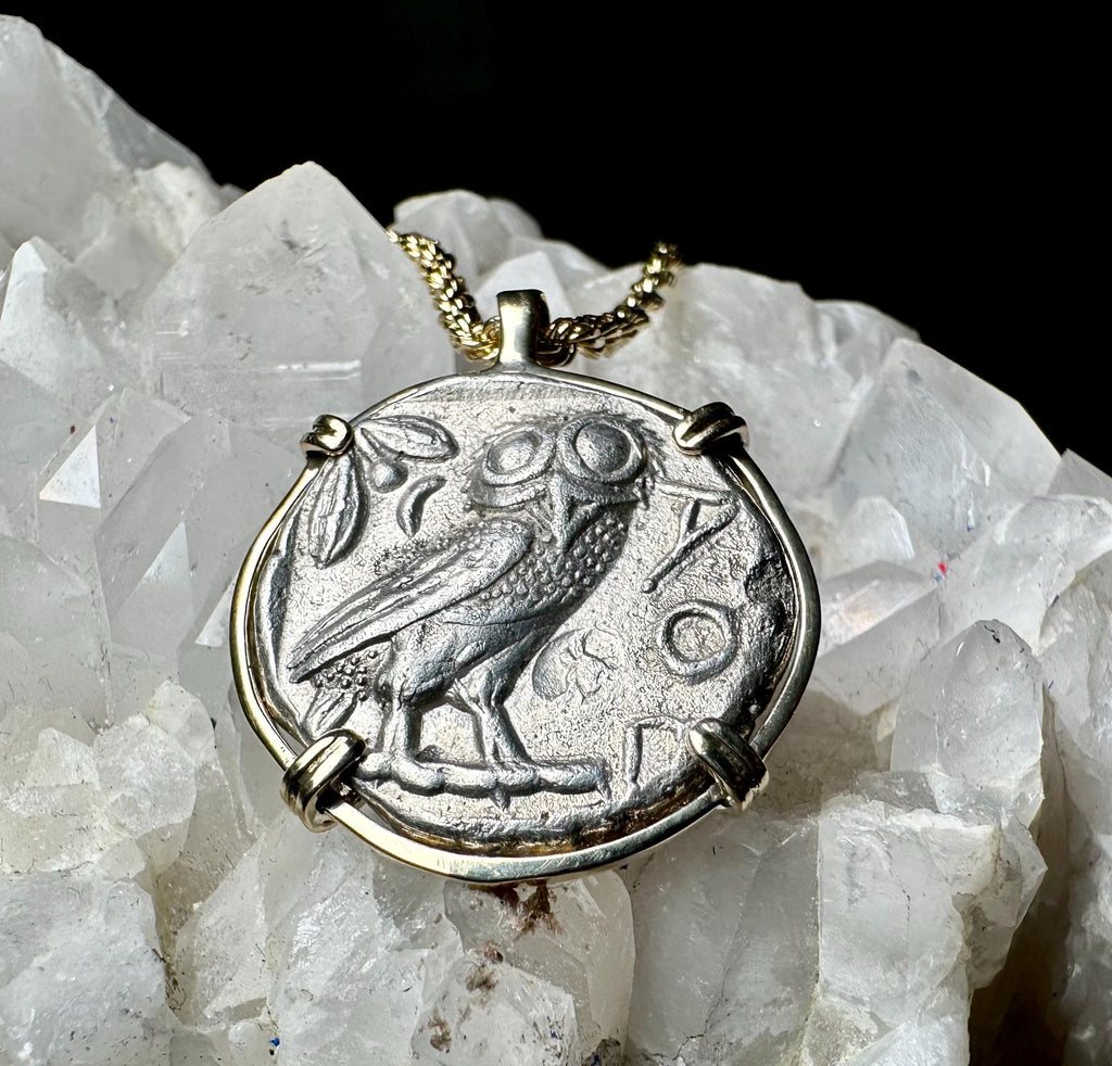 Genuine Ancient Greek Athena and Owl coin in hand made solid gold pendant