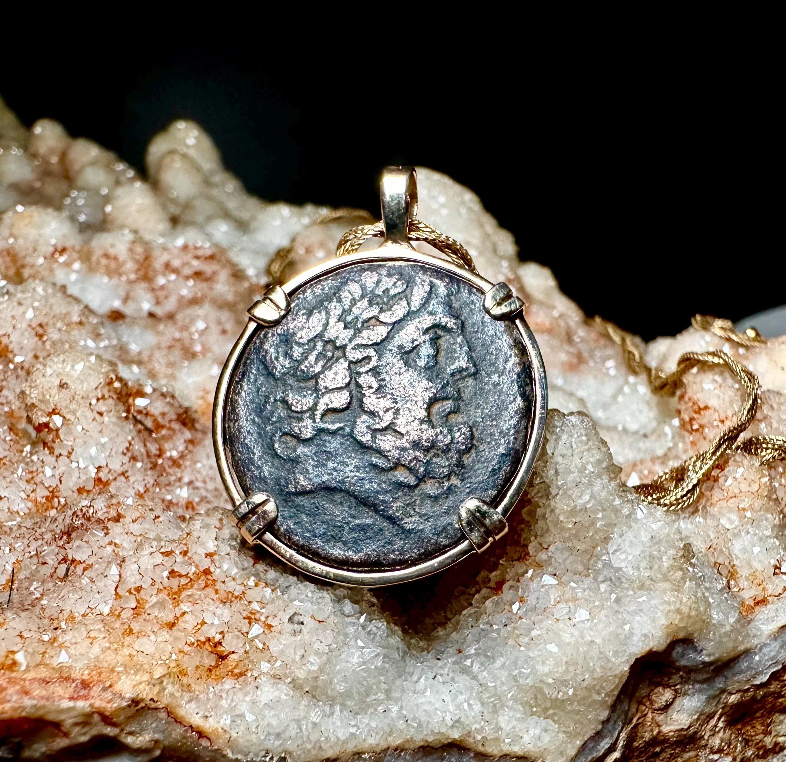 Genuine Ancient Greek Zeus and Elephant coin in 14k yellow gold filled pendant