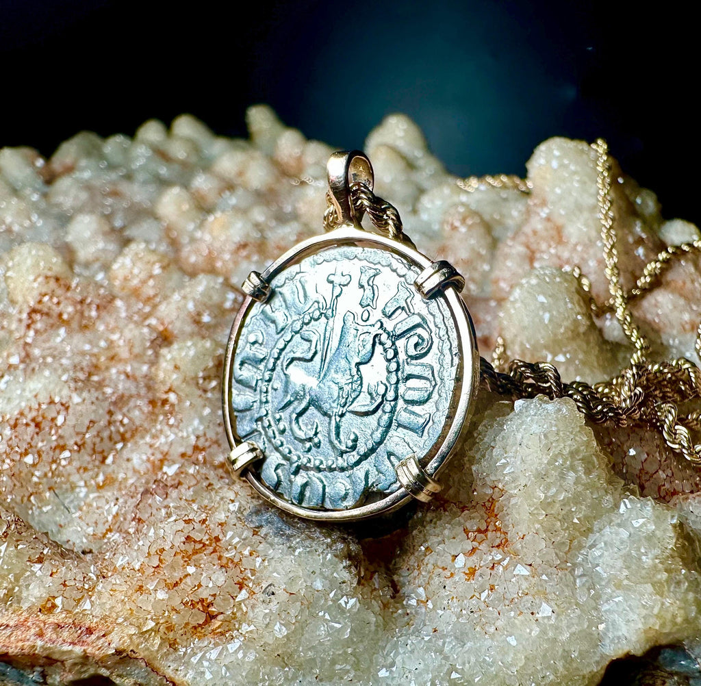 Genuine 13th Century Cristian Crusader Cross and Lion coin in 14k yellow gold pendant
