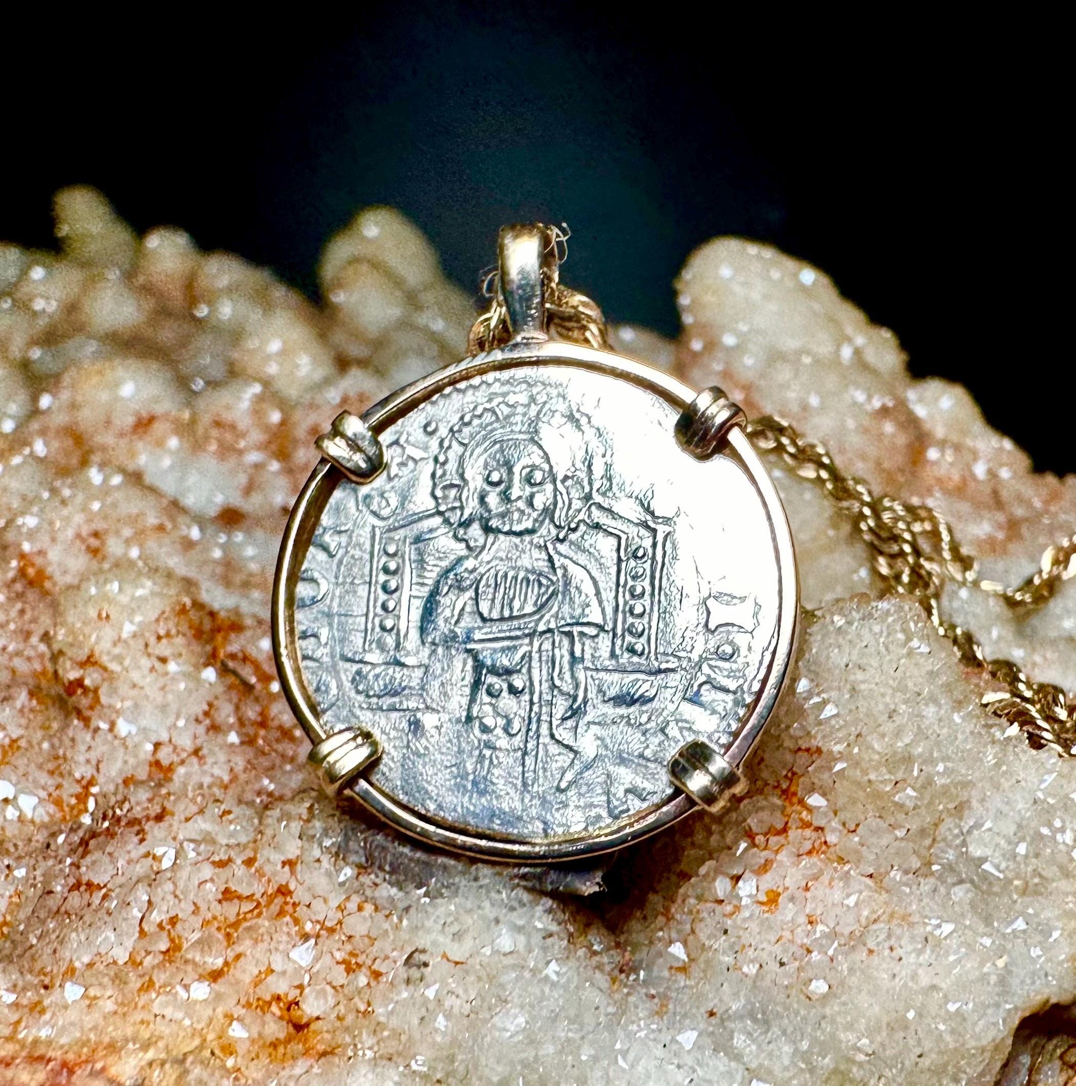 Genuine 14th Cent Jesus Christ and St Mark Coin in hand made 14k gold filled pendant