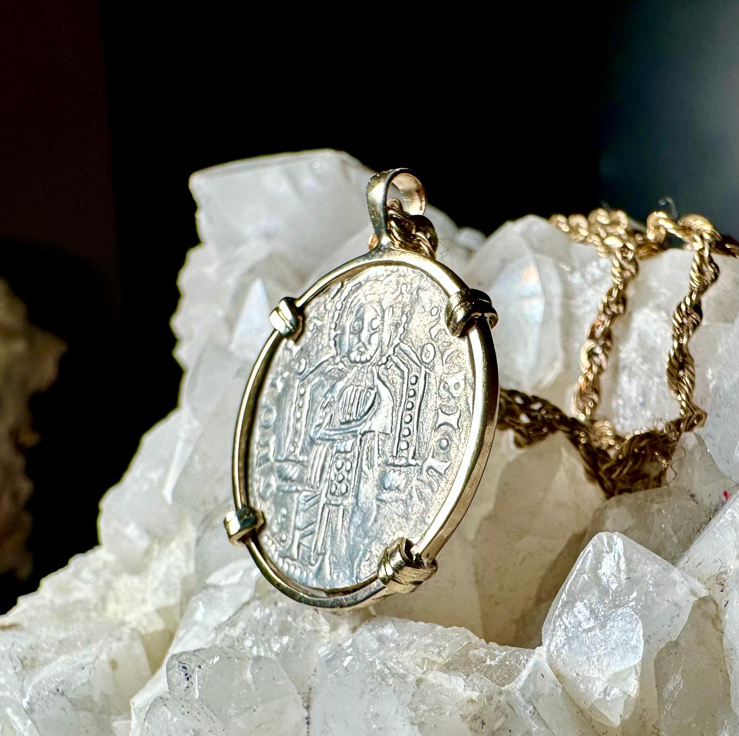 Genuine 14th Cent Jesus Christ and St Mark Coin in hand made solid gold pendant