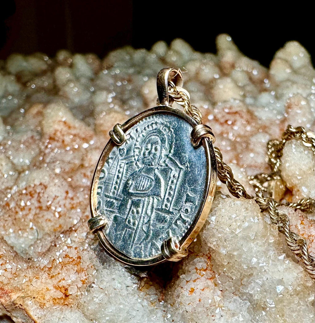Genuine 14th Cent Jesus Christ and St Mark Coin in hand made 14k gold filled pendant