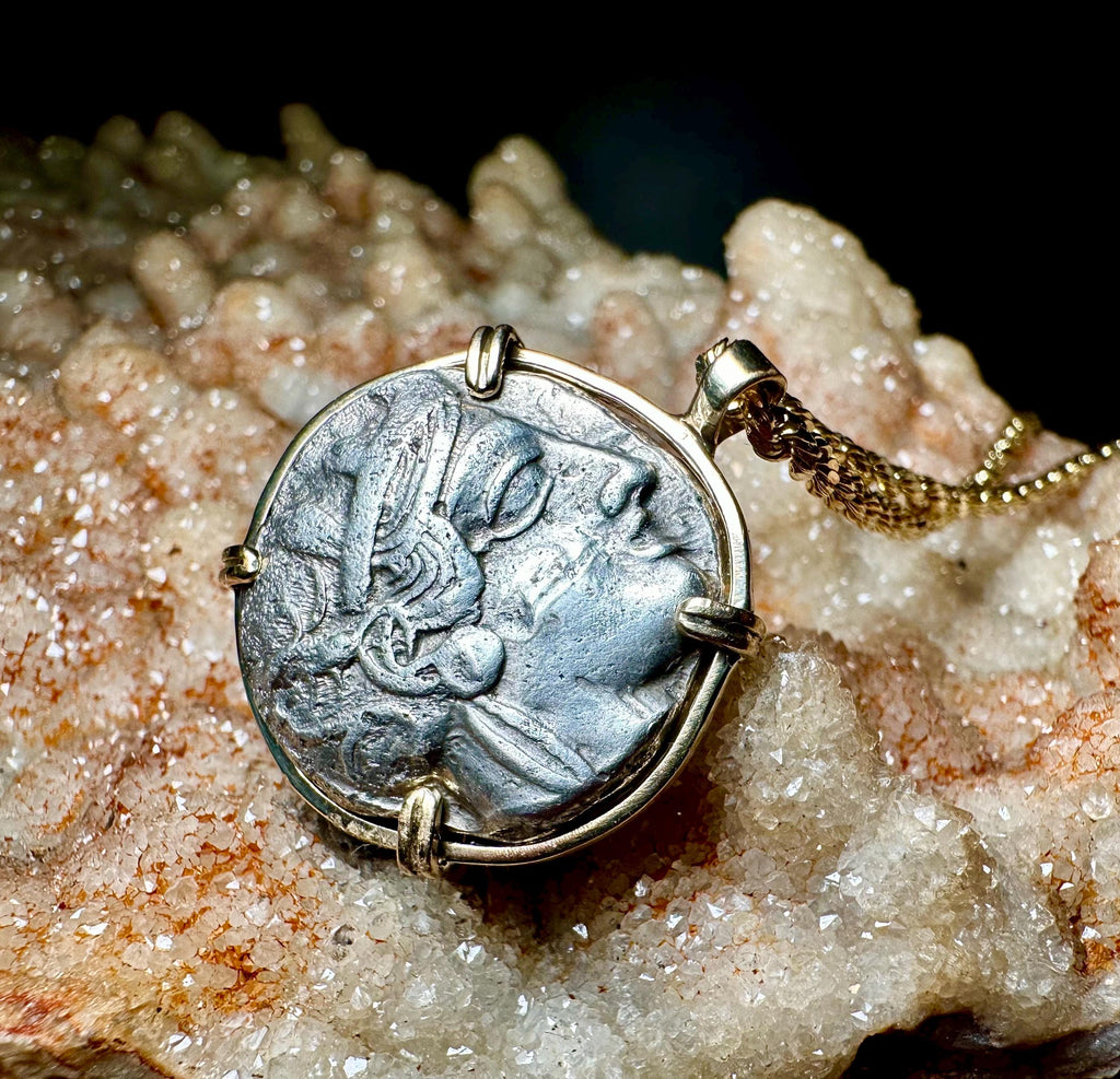 Genuine Ancient Greek Athena and Owl coin in hand made solid gold pendant