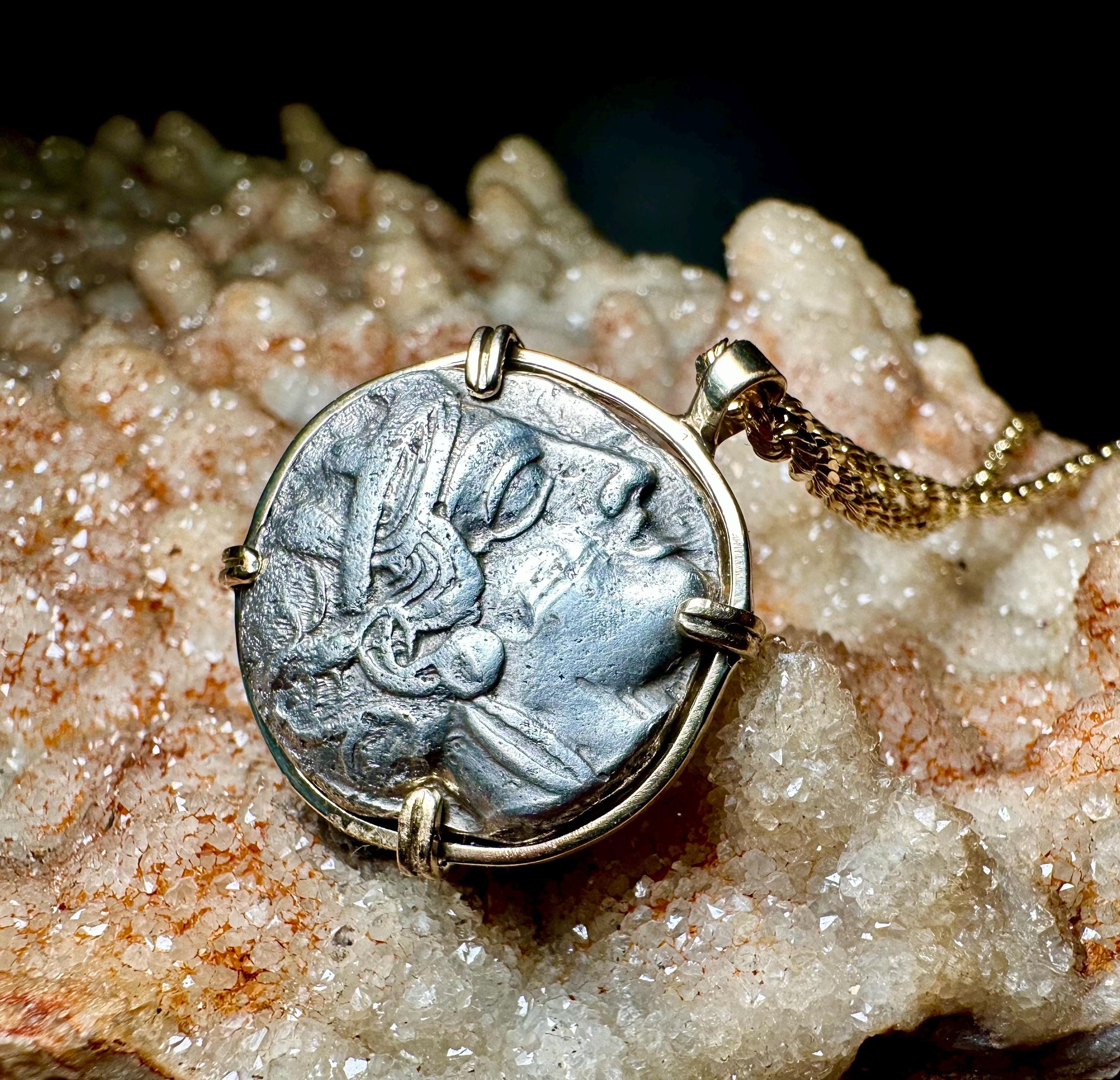 Genuine Ancient Greek Athena and Owl coin in hand made solid gold pendant