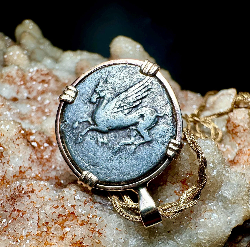 Genuine 350BC Ancient Greek Athena and Pegasus coin in 14k yg filled pendant