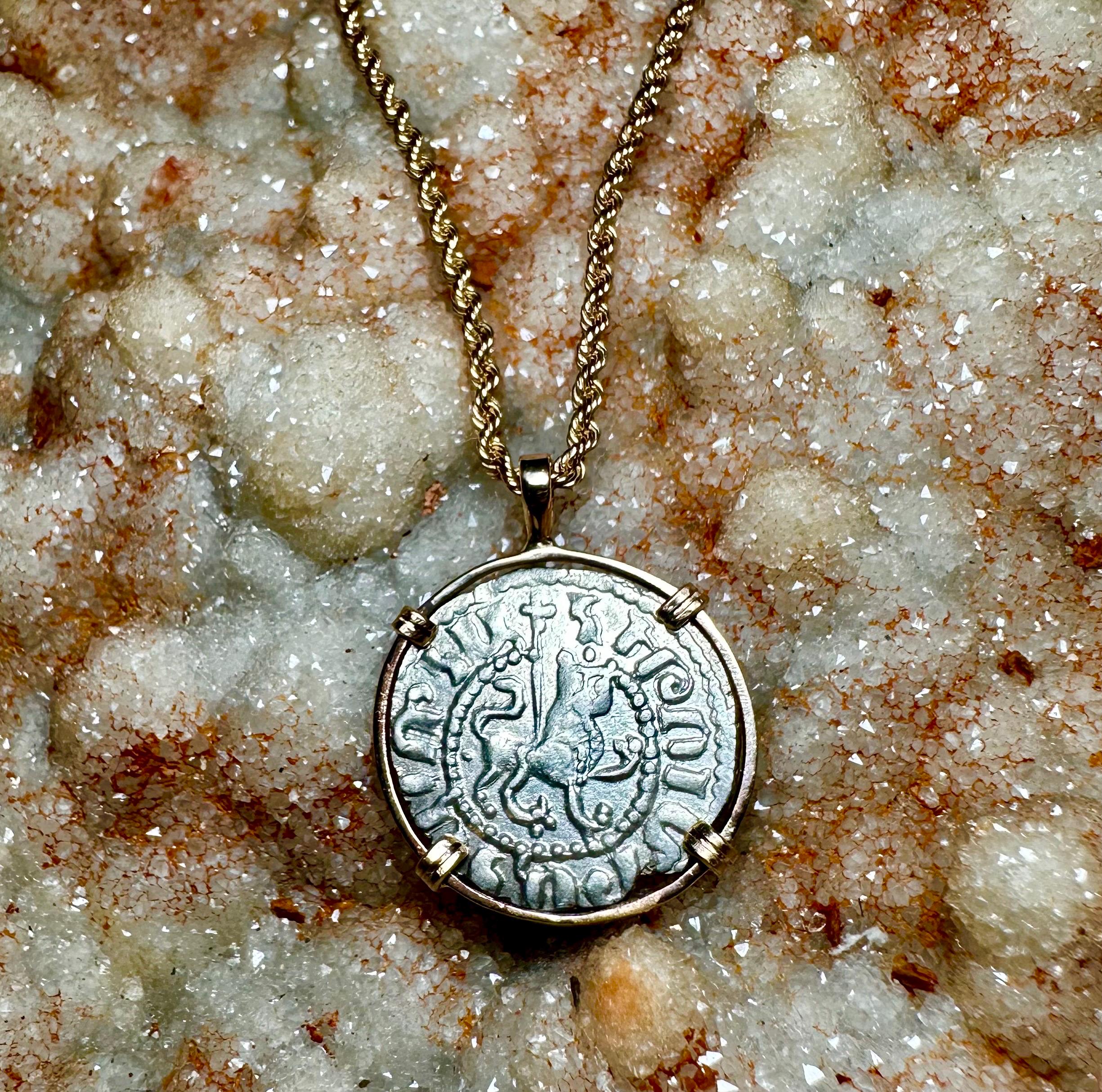 Genuine 13th Century Cristian Crusader Cross and Lion coin in 14k yellow gold pendant
