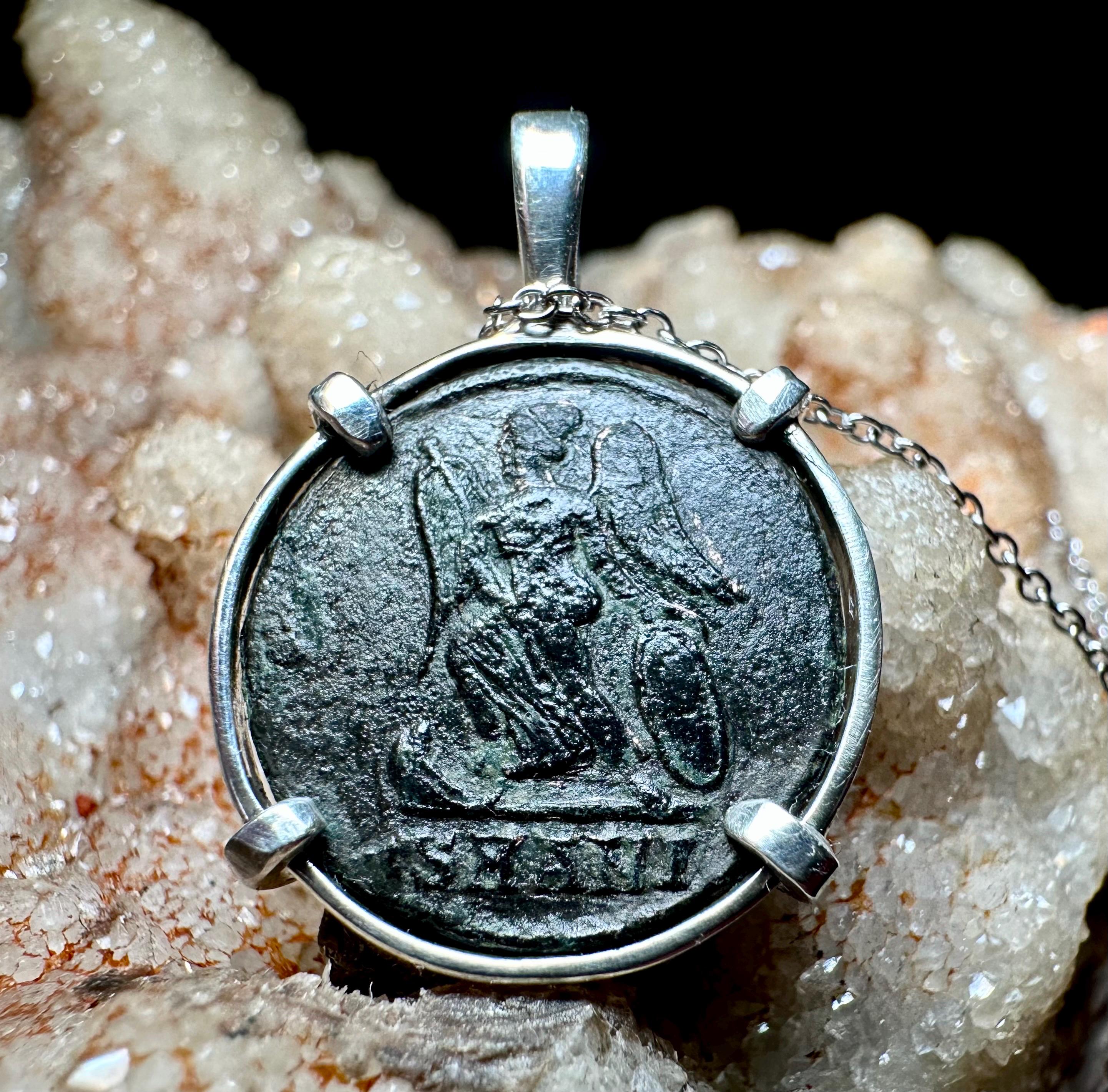 Genuine 4th century Roman Coin of Victory sterling silver pendant
