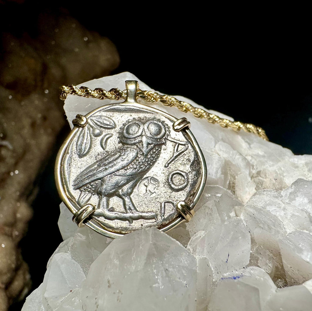 Genuine Ancient Greek Athena and Owl coin in hand made solid gold pendant