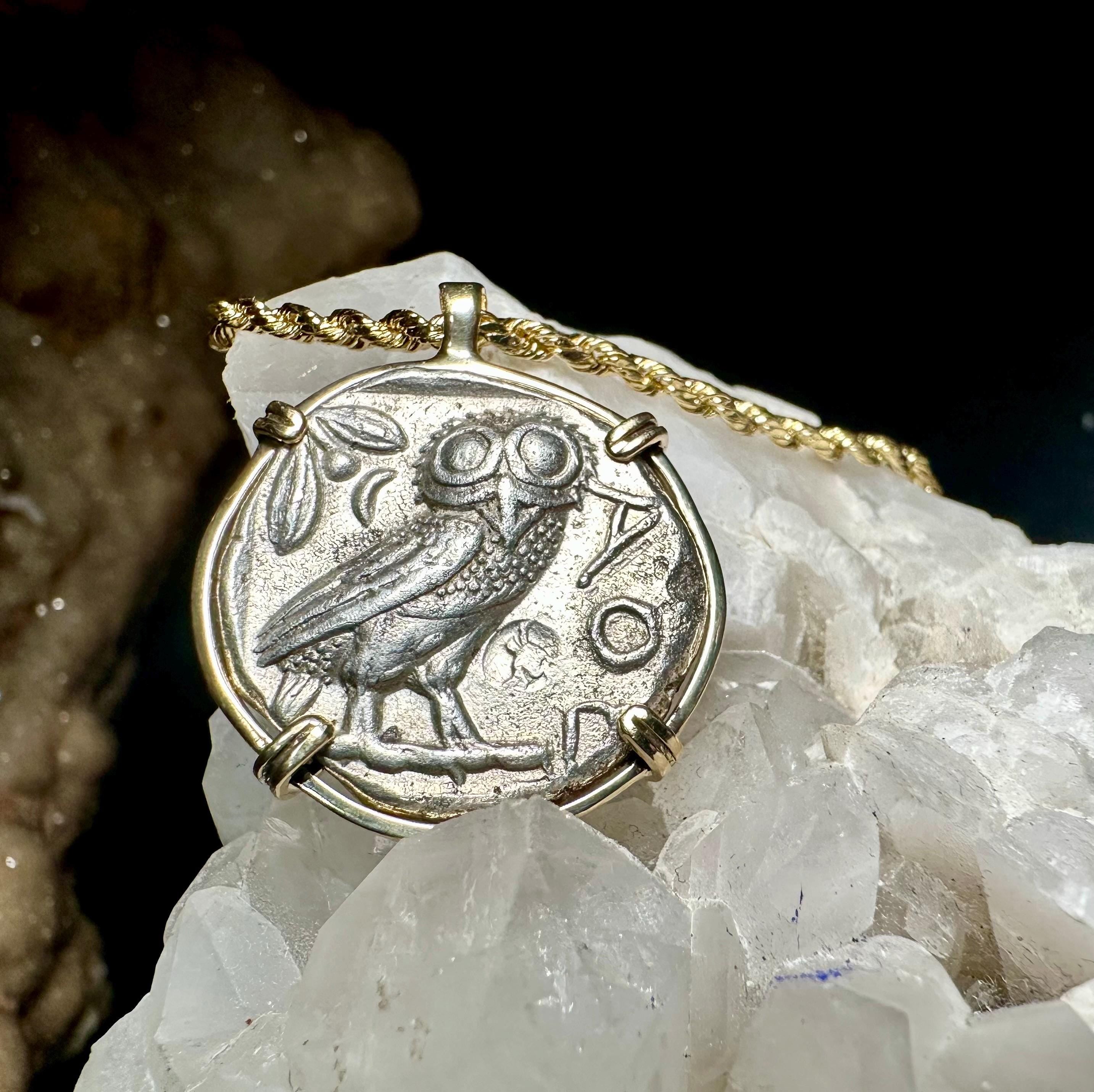 Genuine Ancient Greek Athena and Owl coin in hand made solid gold pendant