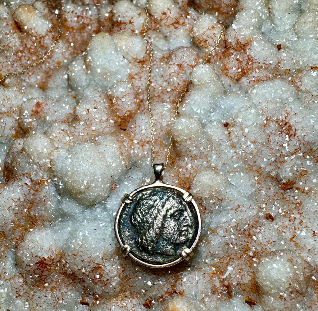 Genuine 4th century BC Apollo and Lion coin in 14k yellow gold filled pendant
