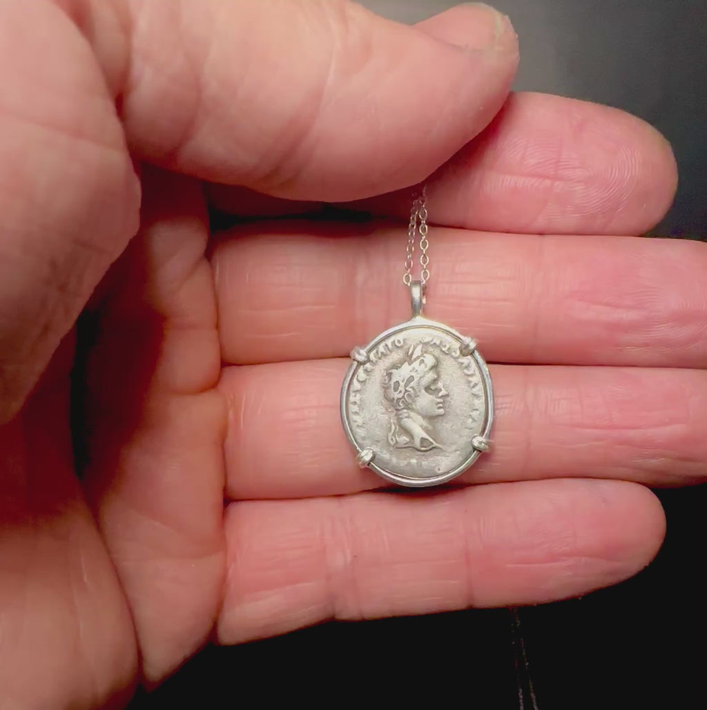 Roman Emperor Augustus silver denarius in sterling silver pendant