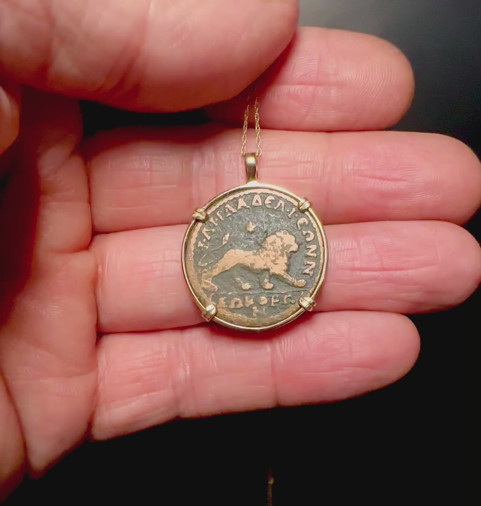 Ancient Roman lion coin in 14k yellow gold filled pendant