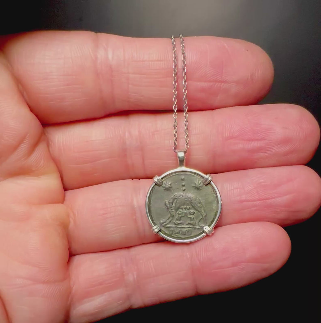 Ancient Roman She-Wolf coin in sterling silver pendant