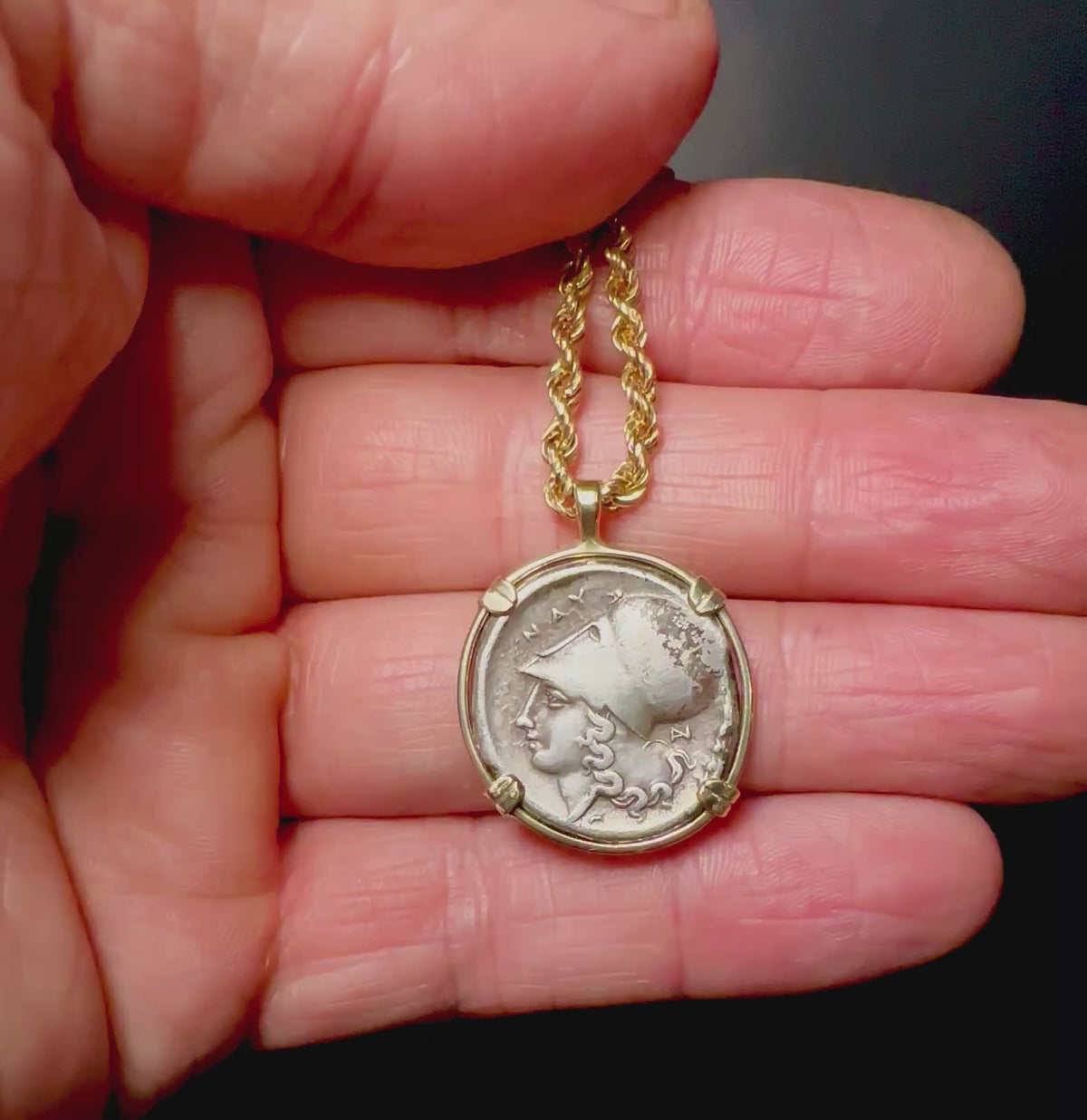 Ancient Greek Athena and Pegasus silver coin in Solid 14k yellow gold pendant