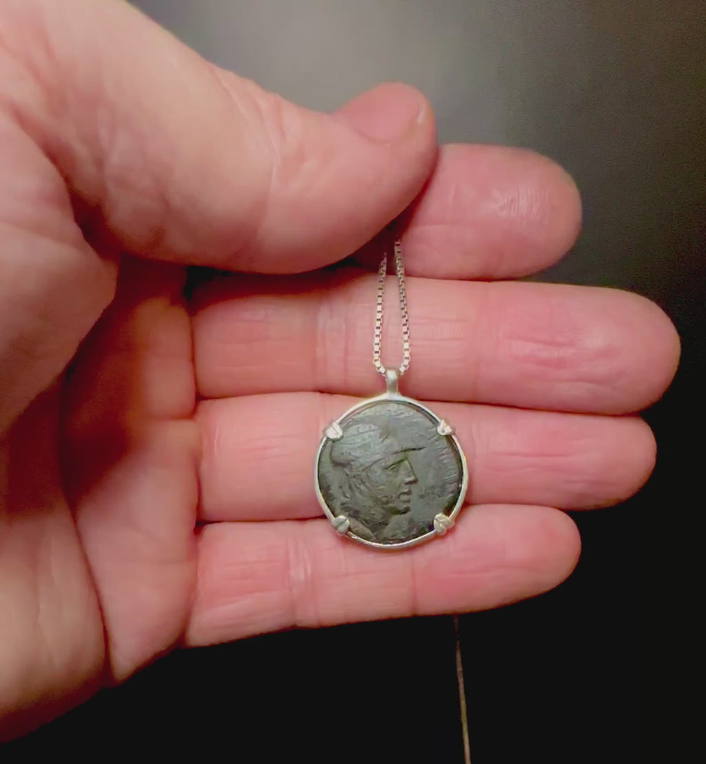 Genuine Ancient Greek Ares God of War and Sword Coin in sterling silver pendant