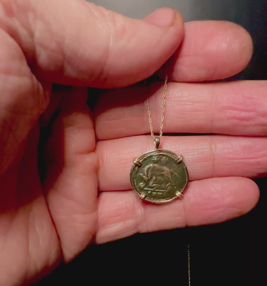 Ancient Roman She-wolf Romulus & Remus coin in 14k yellow gold filled pendant
