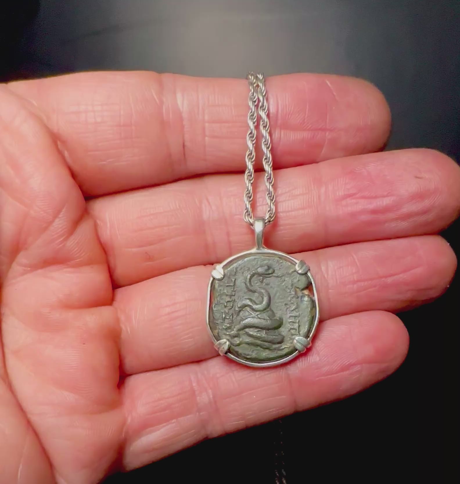 Ancient Greek Zeus and Serpent coin in sterling silver pendant
