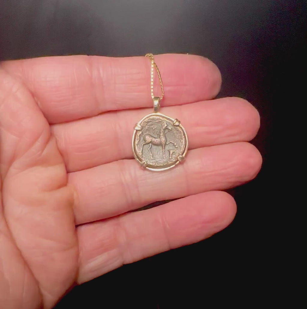 Ancient Greek Horse coin in 14k yellow gold filled pendant