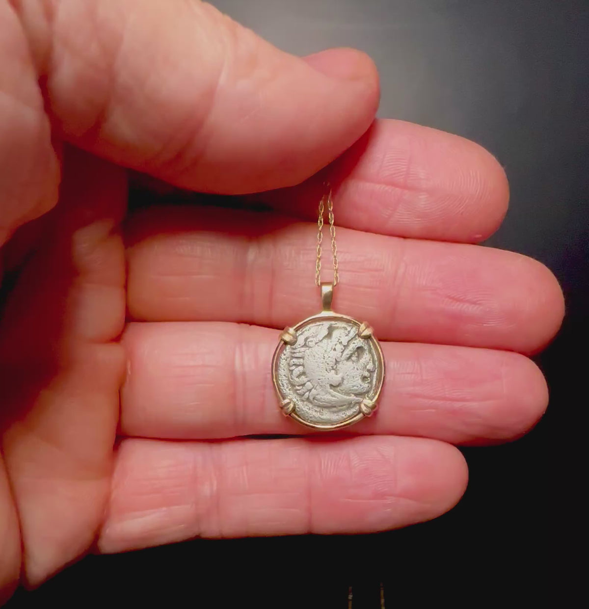 Ancient Greek Alexander The Great silver Drachm in 14k yellow gold filled pendant