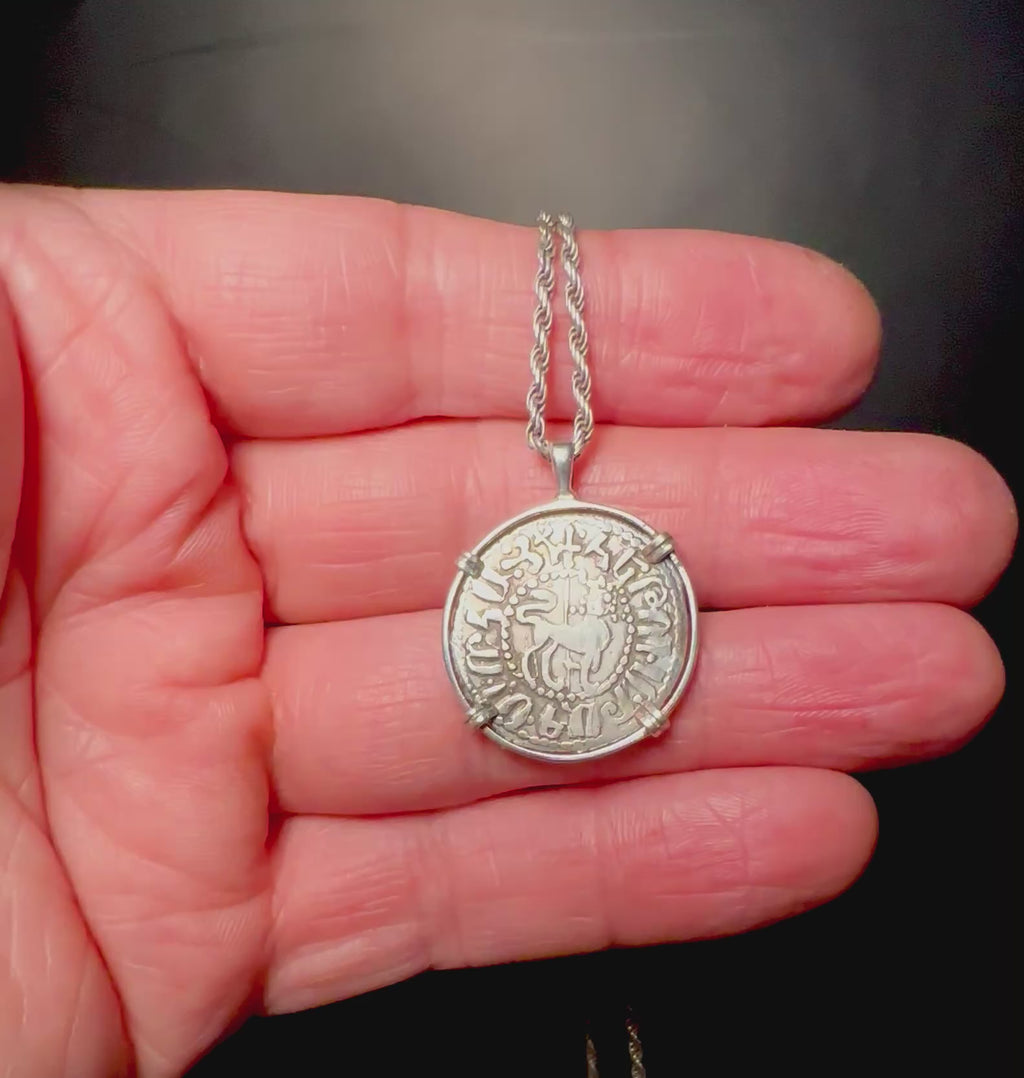 Medieval Christian lion and cross coin in sterling silver
