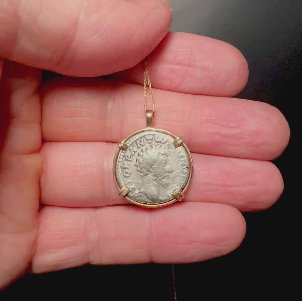 Marcus Aurelius silver Didrachm in 14k yellow gold filled pendant