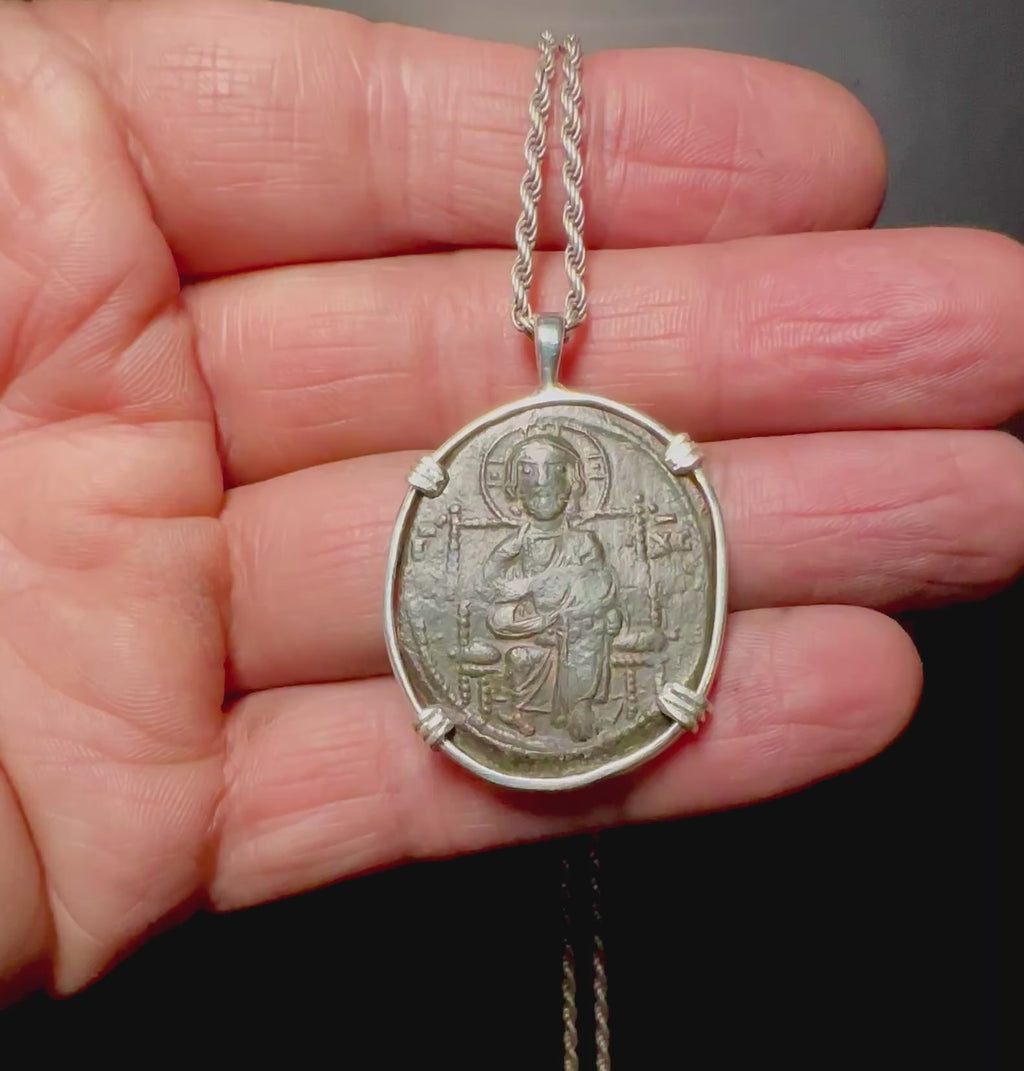 Ancient Byzantine Christ coin in sterling silver pendant “Christ king of Kings” inscription