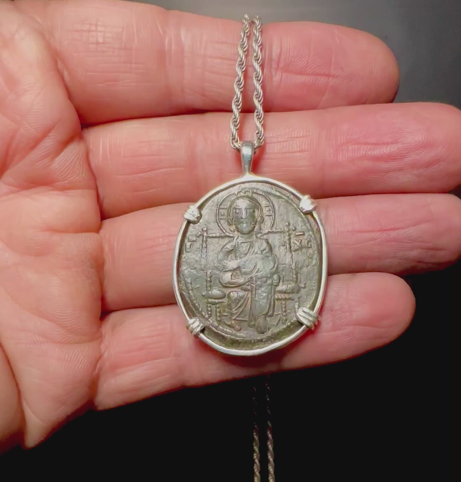 Ancient Byzantine Christ coin in sterling silver pendant “Christ king of Kings” inscription