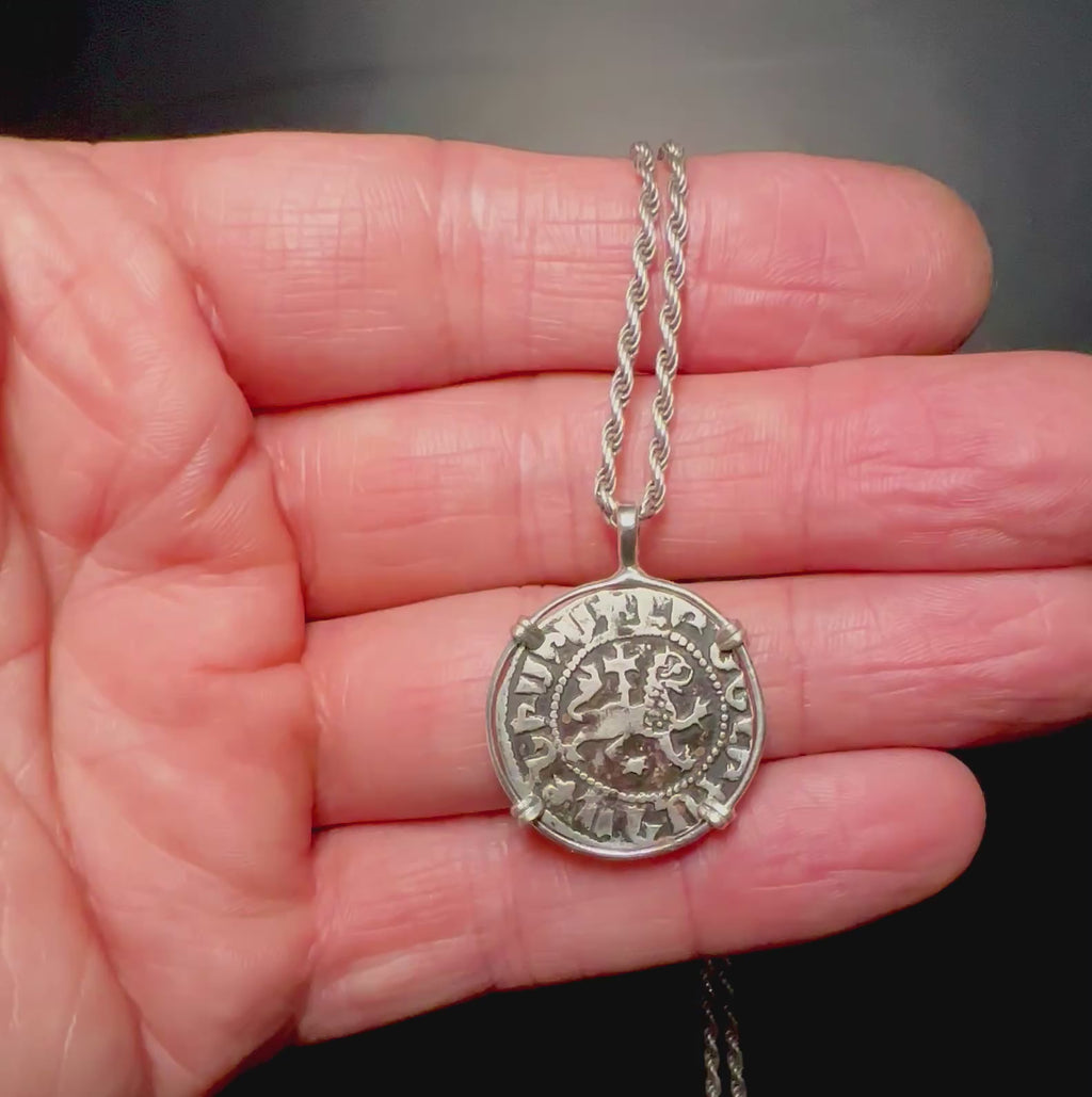 Medieval Christian Lion and Cross Silver Coin in Sterling Silver Pendant