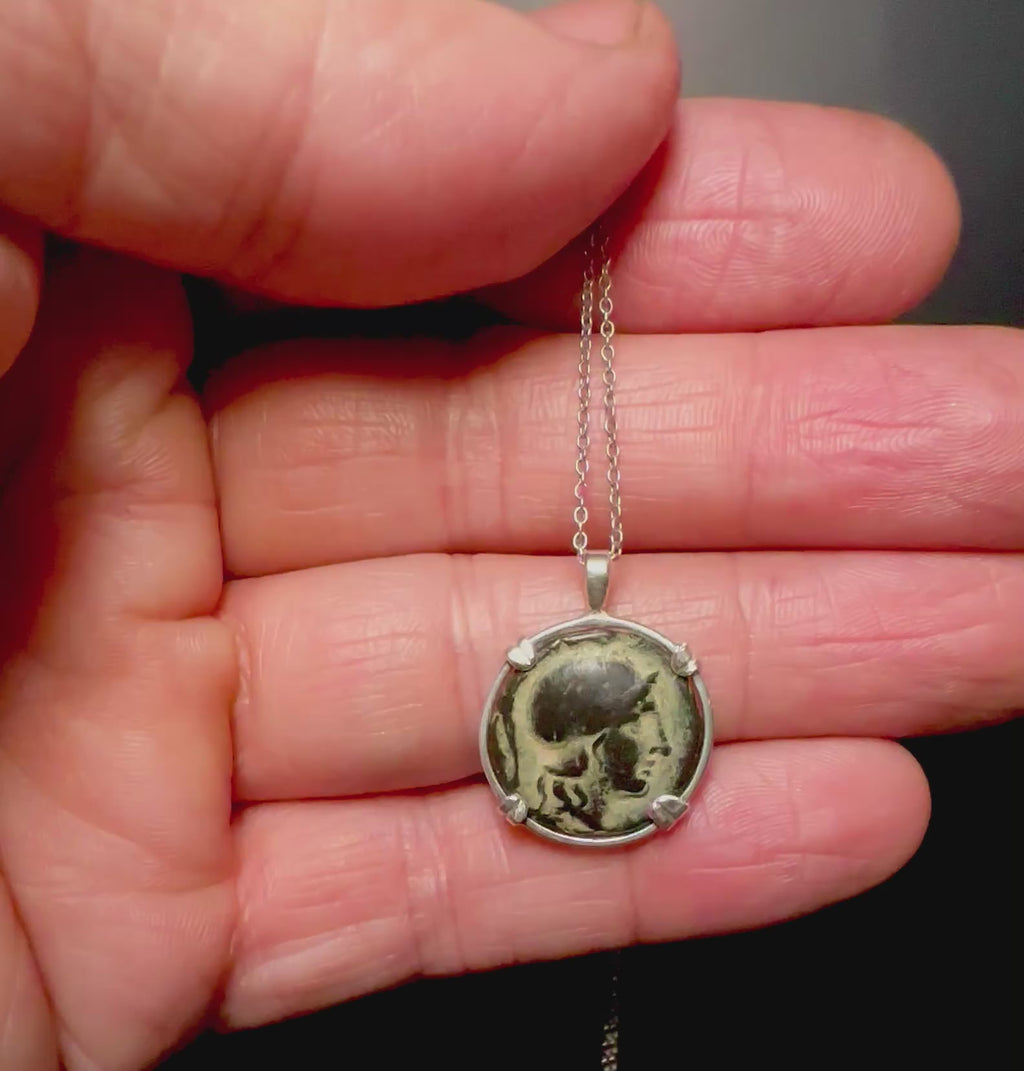 Ancient Greek Athena and Lion coin in sterling silver Pendant