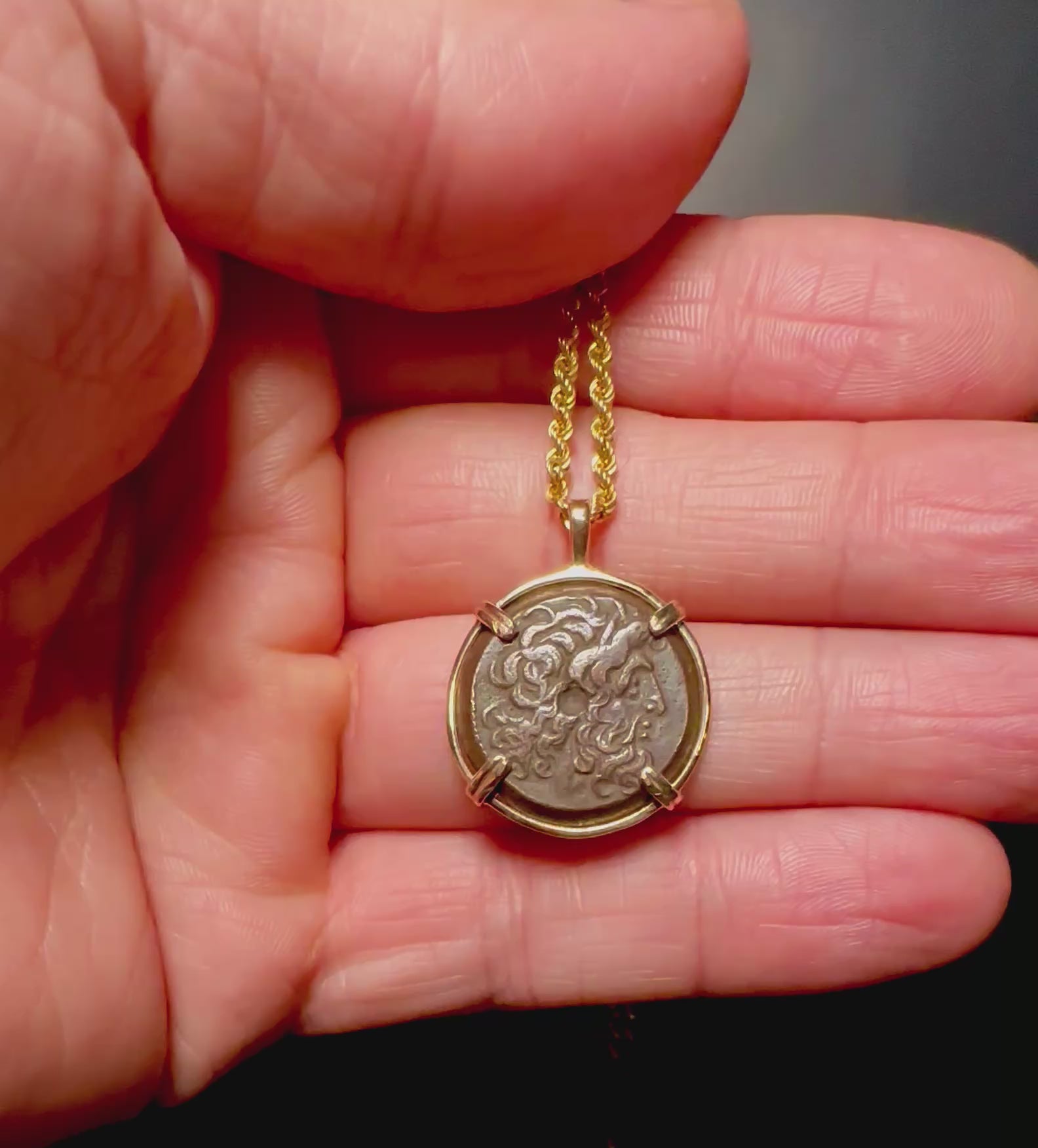 Ancient Egyptian coin of Zeus Ammon and Twin Eagles in 14k yellow gold filled pendant