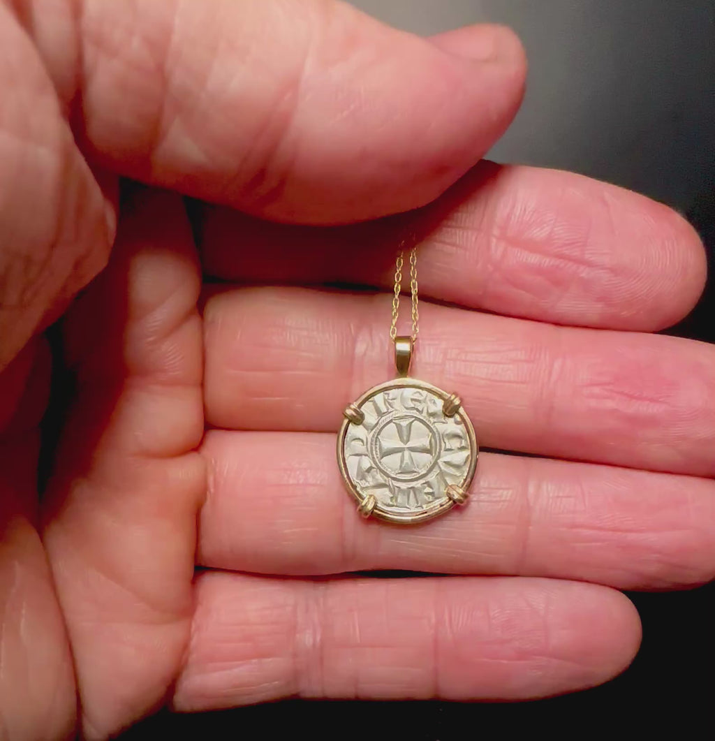 Medieval 13th century Italian Christian crusader coin in 14k yellow gold filled pendant
