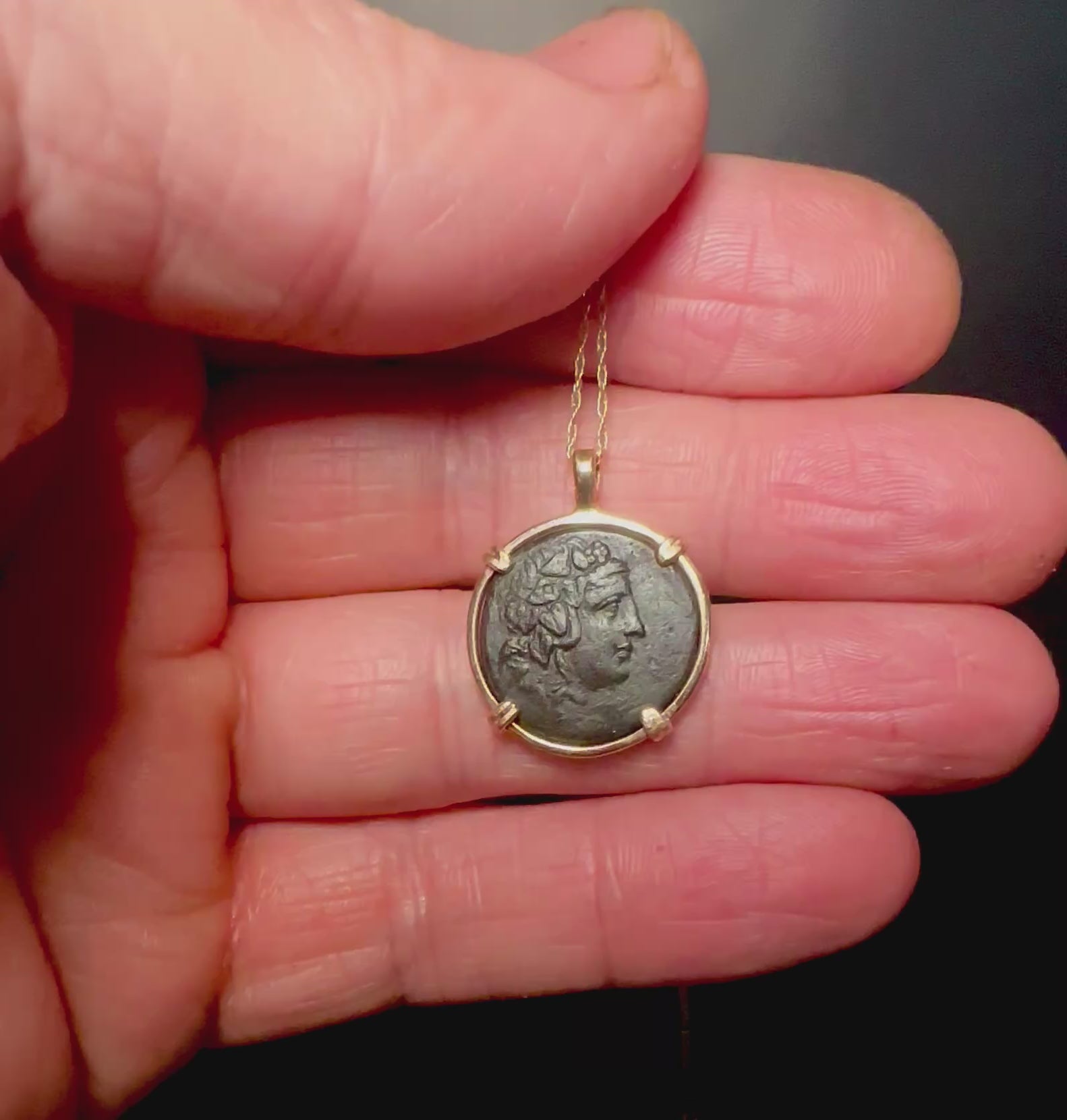 Ancient Greek god of wine, Dionysus coin in 14k yellow gold filled pendant