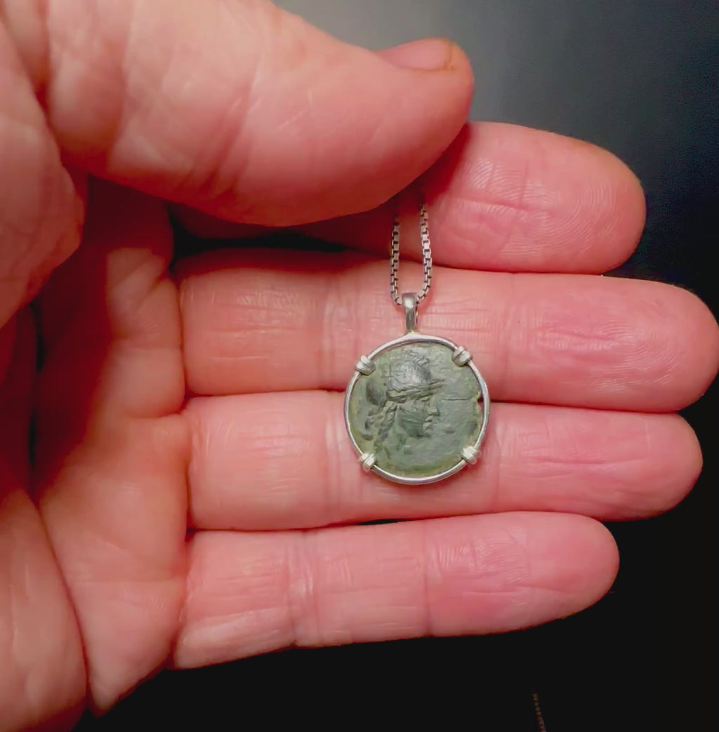 Ancient Greek Owl and Athena coin in sterling silver pendant
