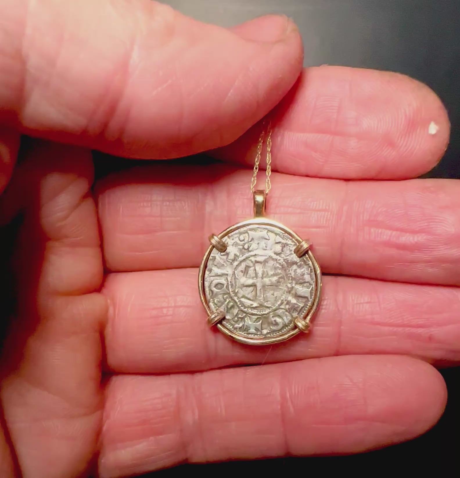 13th century silver Christian Crusader coin in 14k yellow gold filled pendant