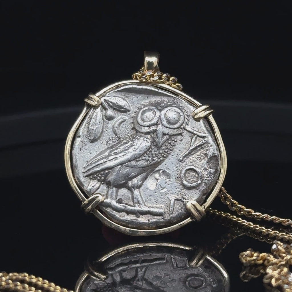 Genuine Ancient Greek Athena and Owl coin in hand made solid gold pendant