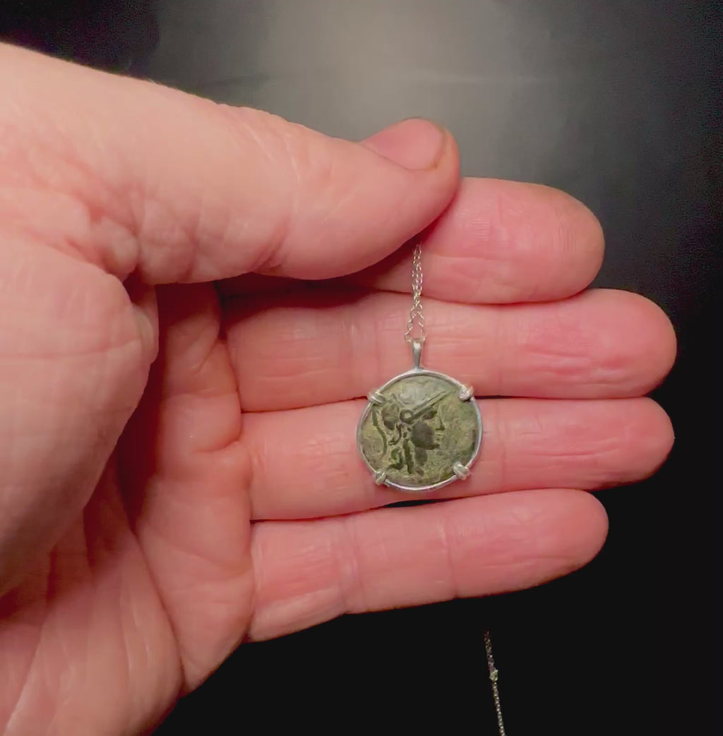 Ancient Greek Athena and Owl coin in sterling silver pendant