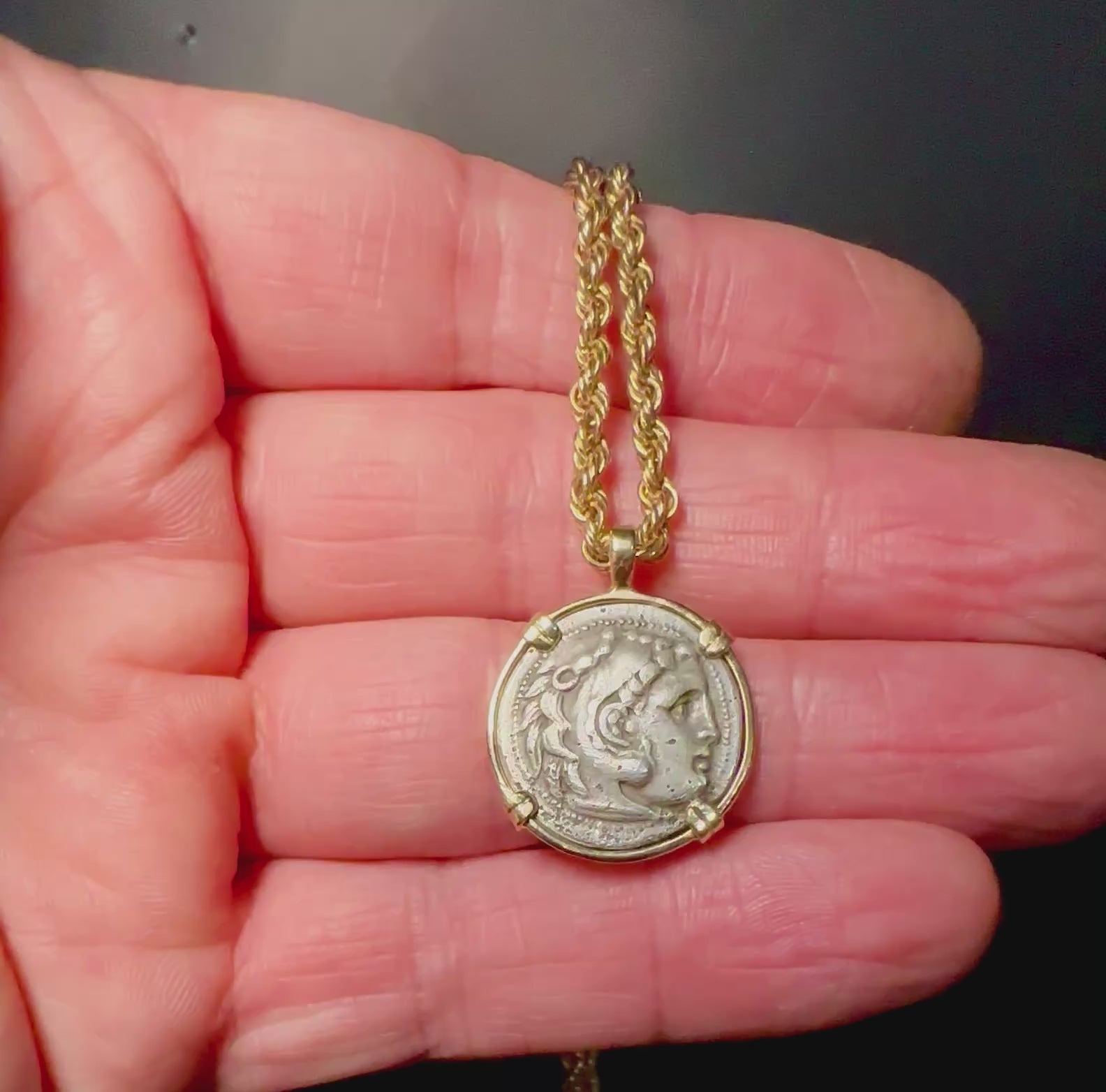 Alexander the Great Silver Drachm in Solid 14k Yellow Gold Pendant