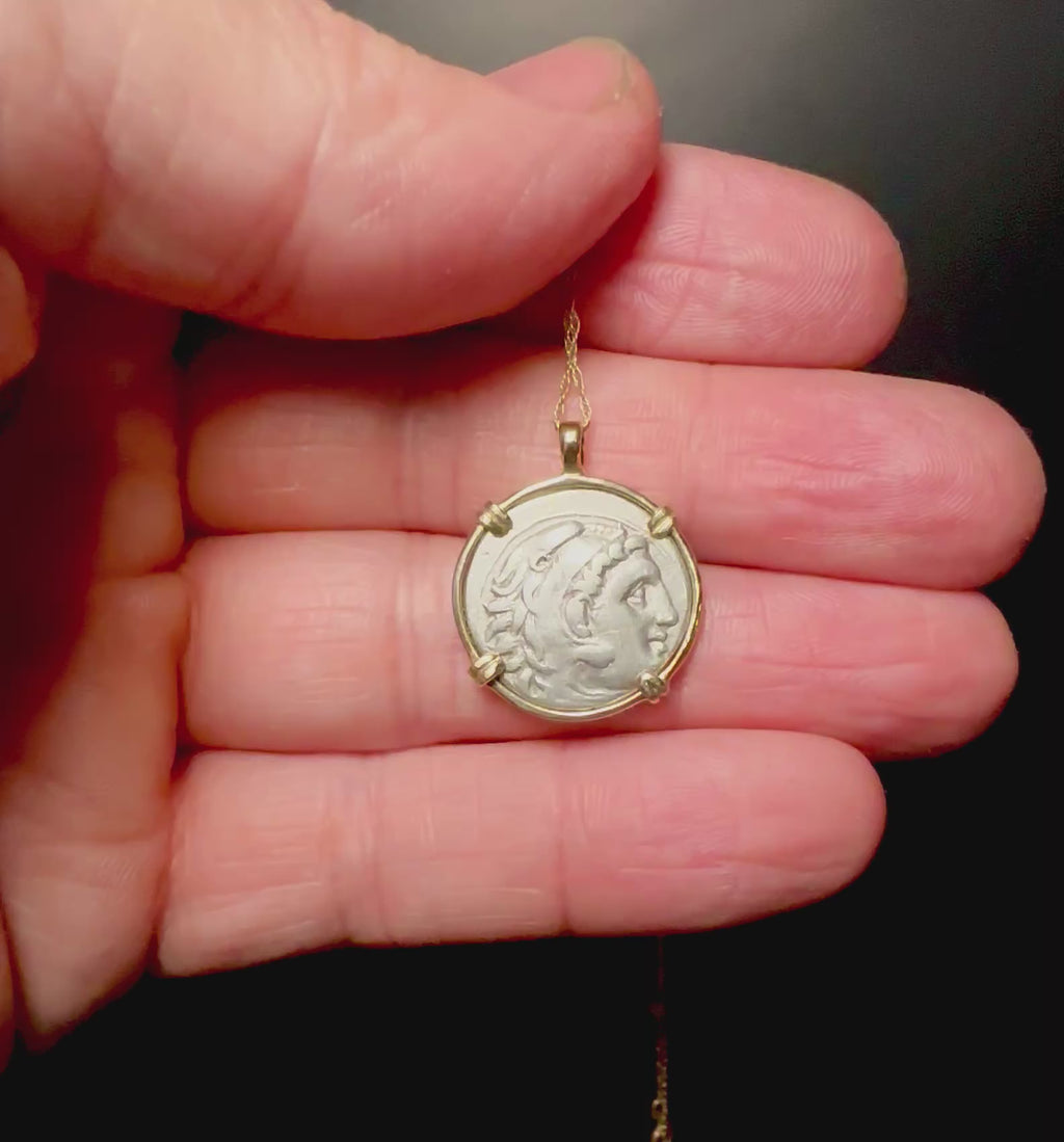 Alexander the Great silver Drachm in solid 14k yellow gold pendant
