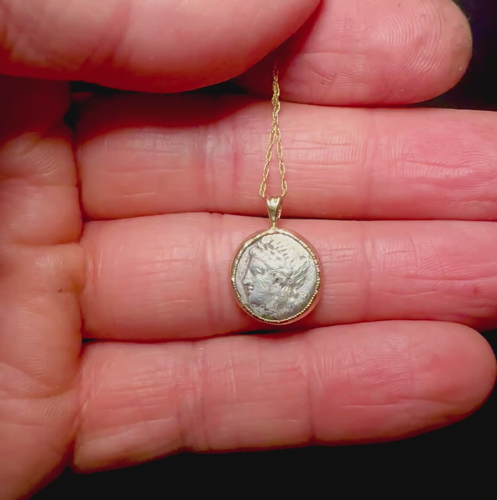 Ancient Greek Apollo and Lion silver coin in solid 14k yellow gold bezel