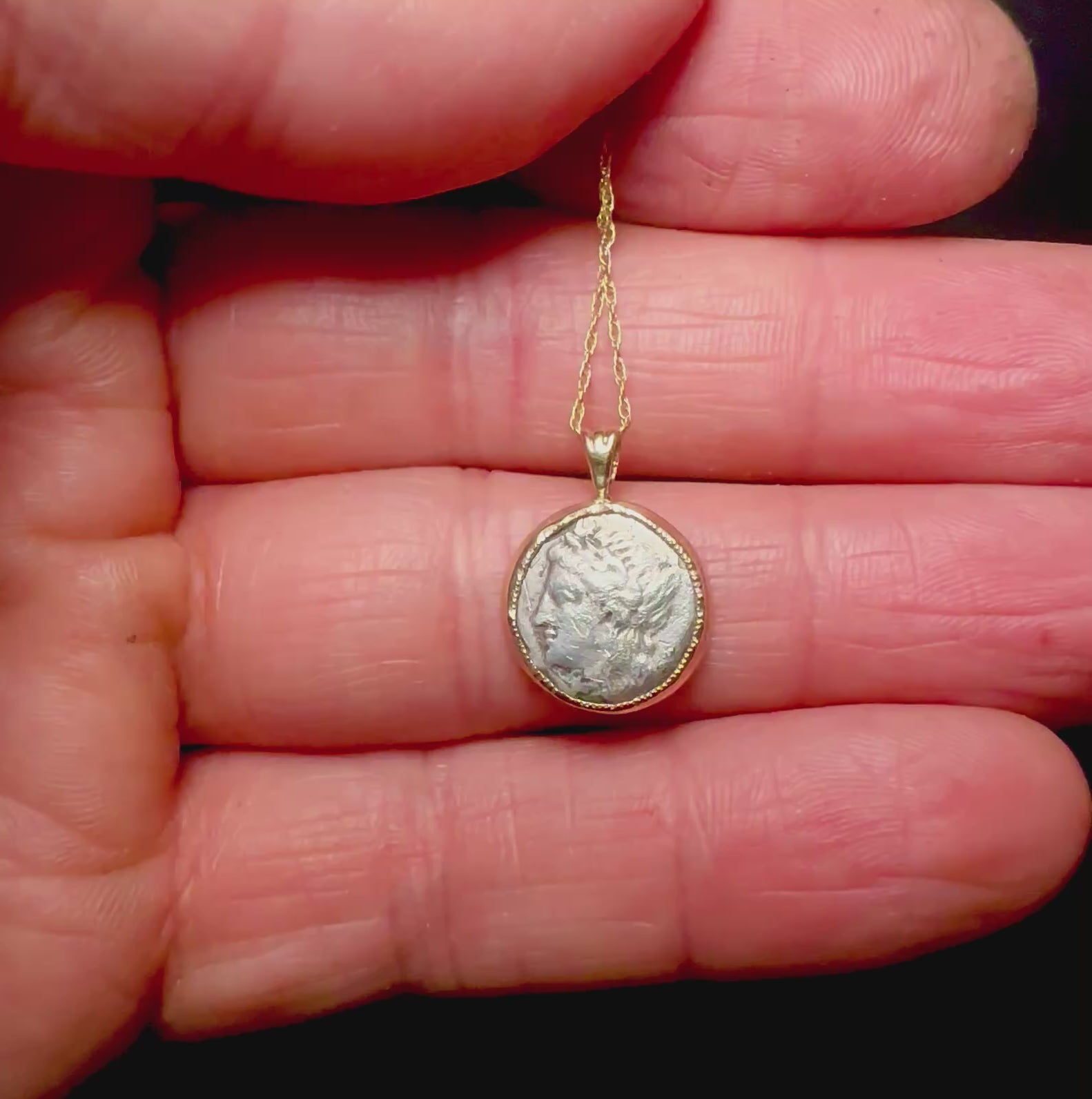 Ancient Greek Apollo and Lion silver coin in solid 14k yellow gold bezel