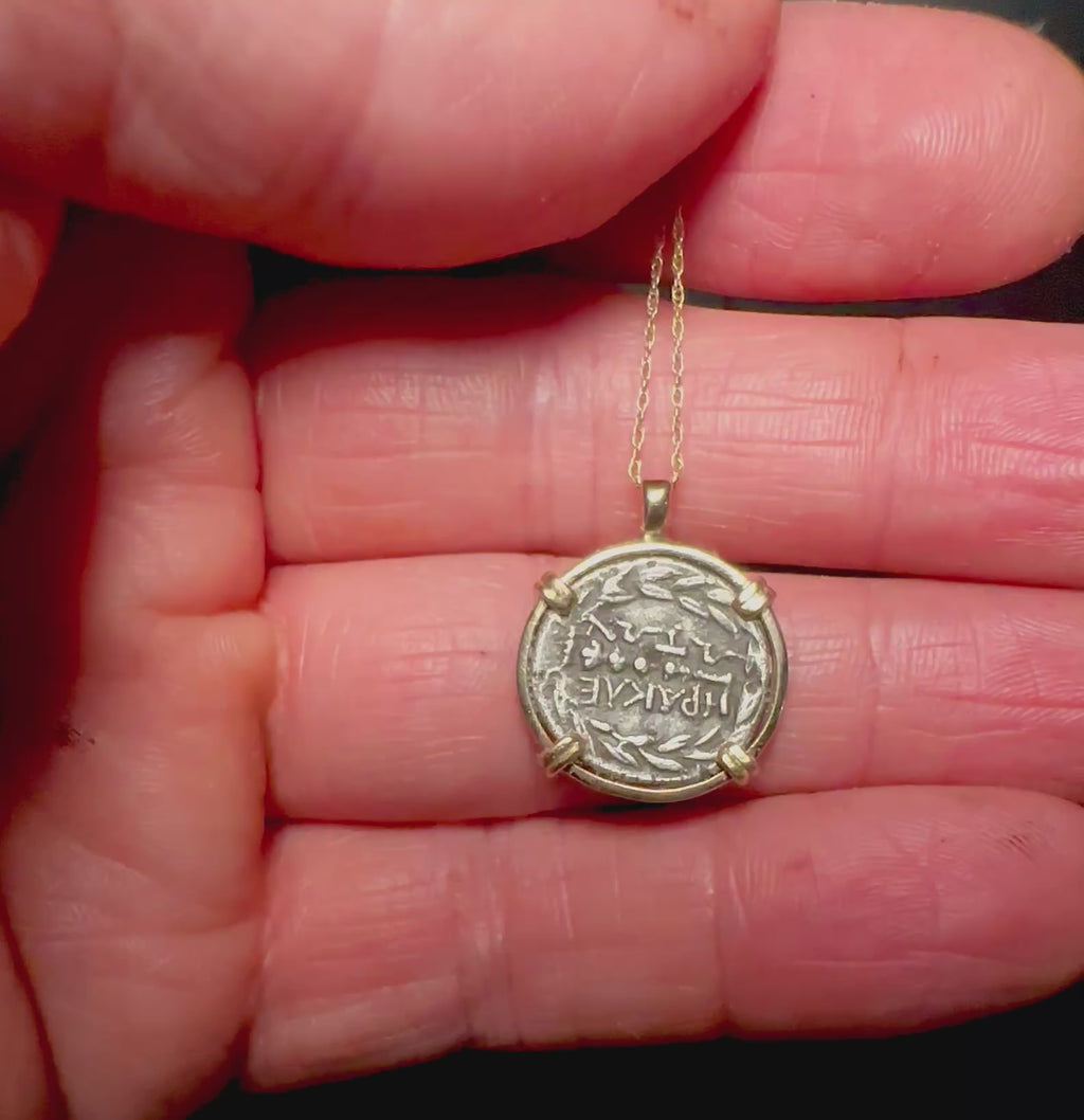 Ancient Greek Athena and Hercules silver coin in solid 14k yellow gold pendant