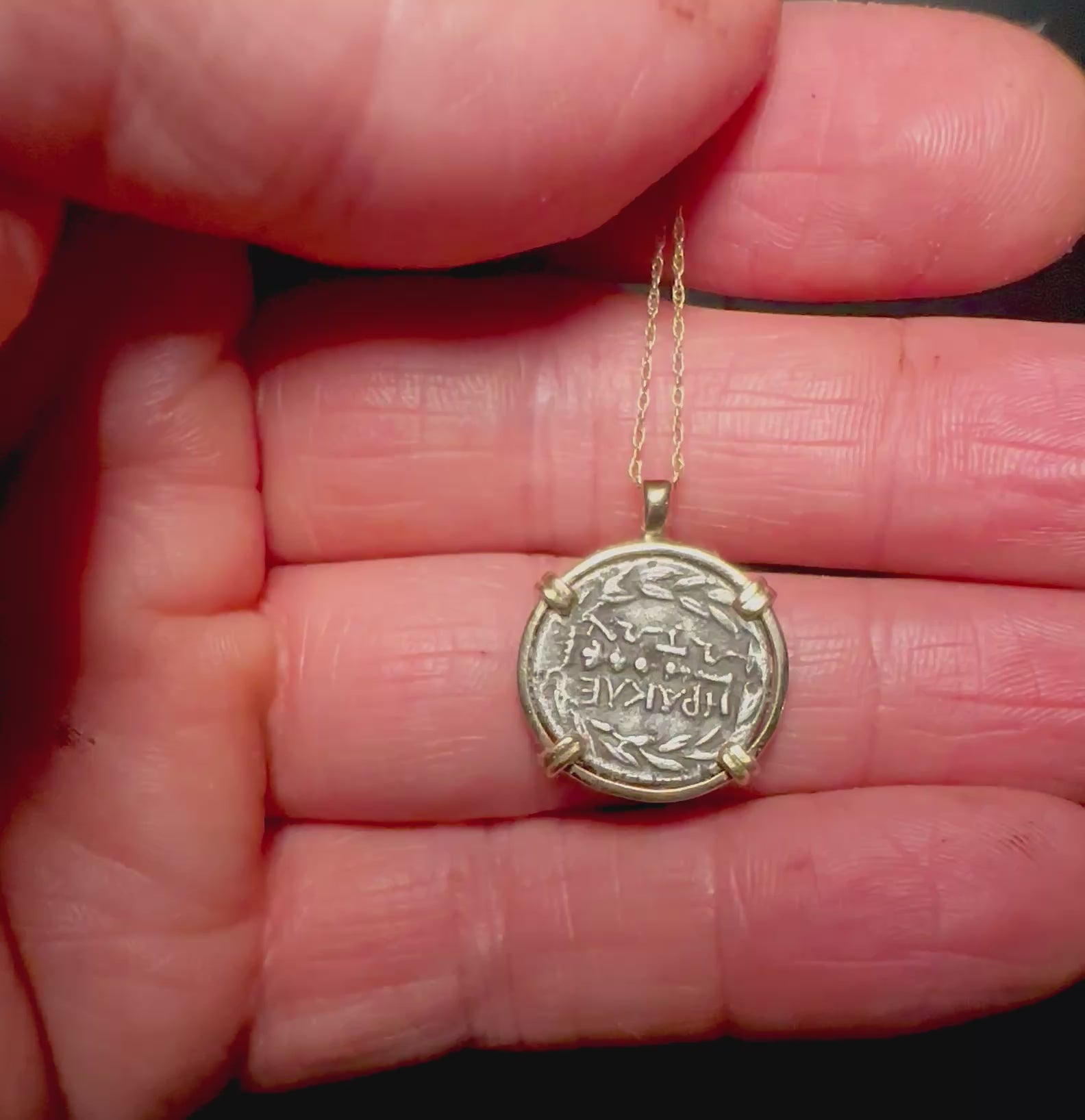 Ancient Greek Athena and Hercules silver coin in solid 14k yellow gold pendant