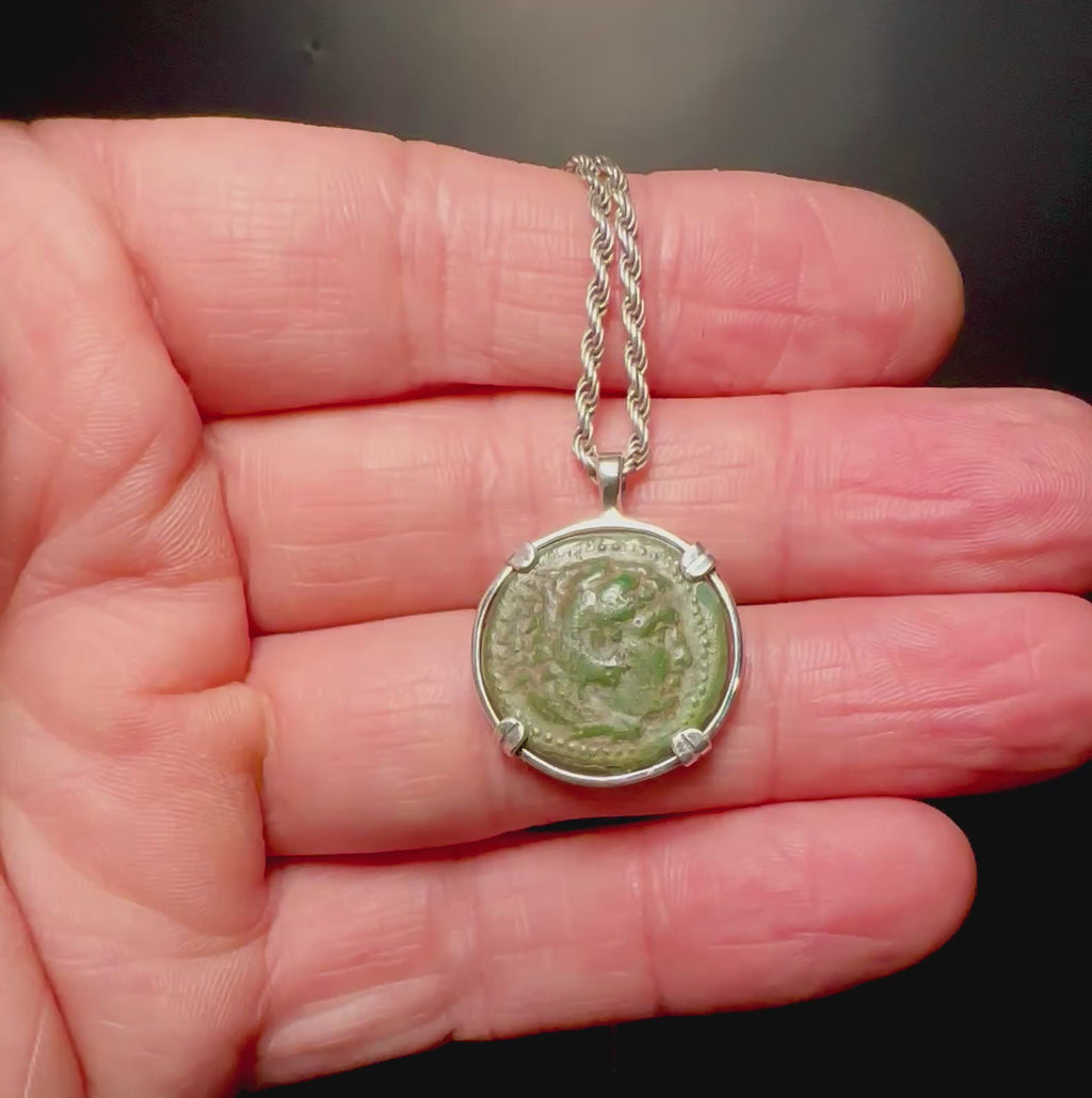 Ancient Greek Alexander The Great coin in sterling silver pendant