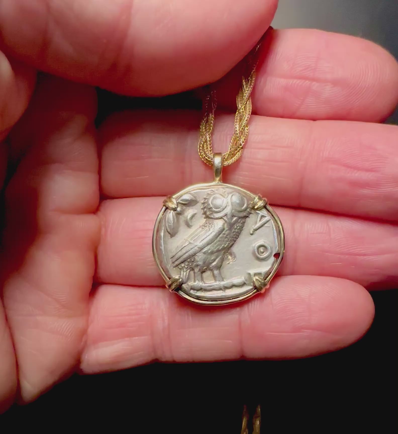 Ancient Greek Athena and Owl silver Tetradrachm in solid 14k yellow gold pendant