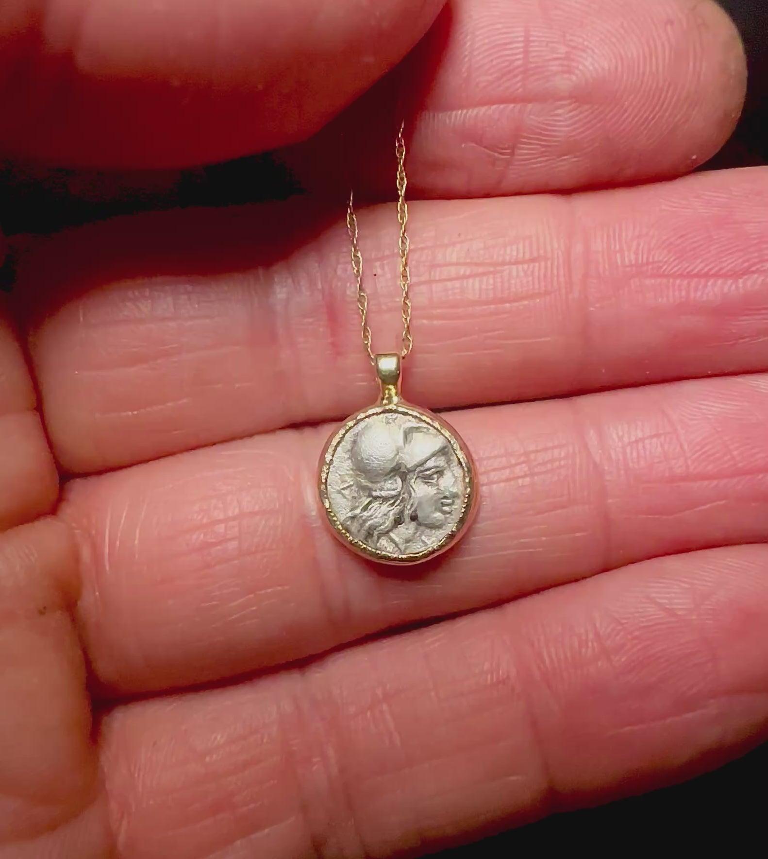 Ancient Greek Silver Athena and Janiform coin in Solid 14k Gold Bezel