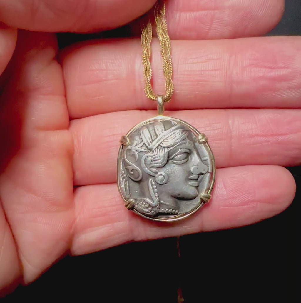 Ancient Athenian Owl and Athena silver tetradrachm in 14k solid gold pendant