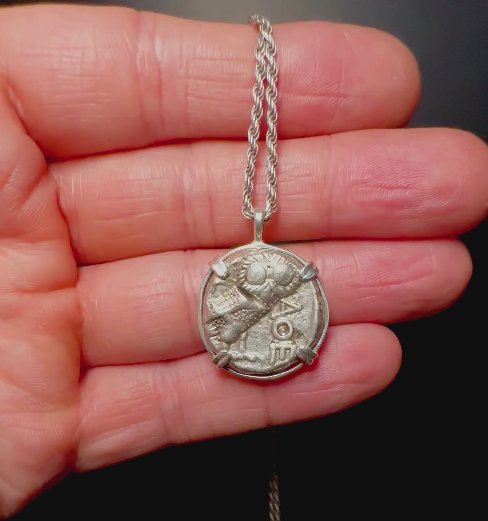 Ancient Athenian Greek Owl and Athena silver tetradrachm in sterling silver pendant