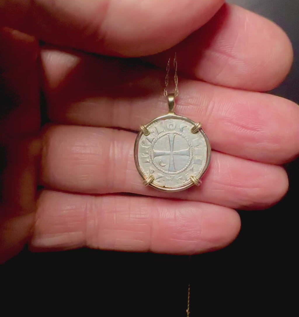 12th century Templar Crusader coin in solid 14k yellow gold pendant